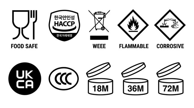 Product packaging symbols icon set vector for certification labels, food safety, period after opening, weee disposal, and hazard warnings