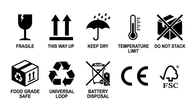 Packaging symbols icon set vector for shipping box labels, fragile cargo handling, recycling mark, and logistics compliance marks