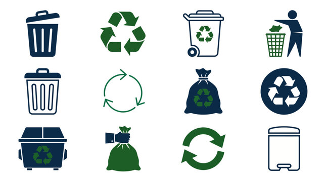 Recycling icon set vector for waste management, garbage bin labels, trash segregation, dumpster container, and environmental cleanup signs