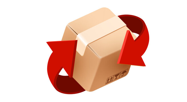 Cardboard box with red arrows indicating return or exchange process.