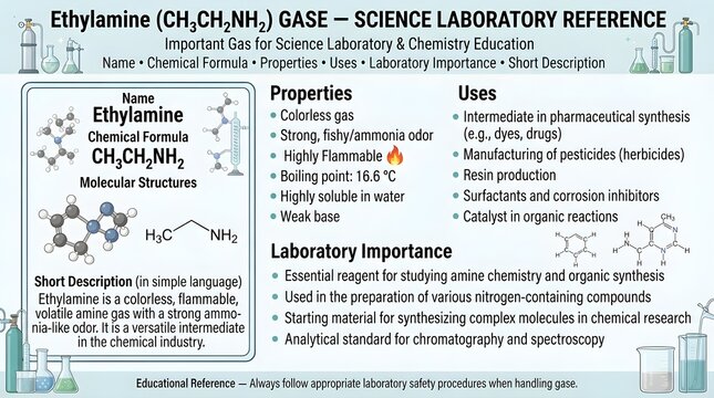 Ethylamine gas science laboratory reference poster featuring formula C2H7N, molecular structure, physical properties, industrial applications, organic synthesis uses, odor details, hazards, and safety