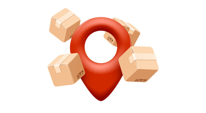 Delivery location concept with a red map pin and cardboard boxes.