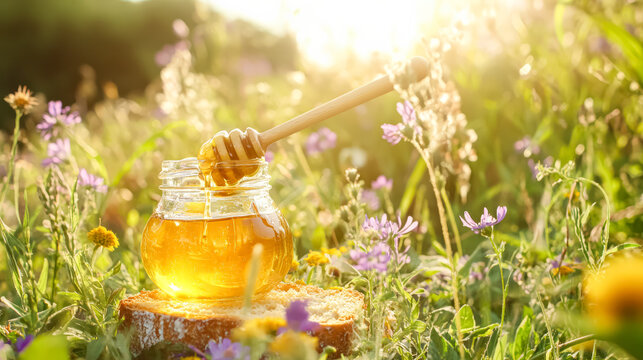 Glass jar of honey with a wooden dipper dripping golden honey onto a slice of bread, surrounded by beeswax and wildflowers in a sunny meadow, suggesting natural beekeeping and organic food.