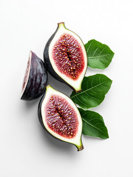 Three halved figs accompanied by green leaves on a white background, showcasing the intricate details of the fruit's interior.