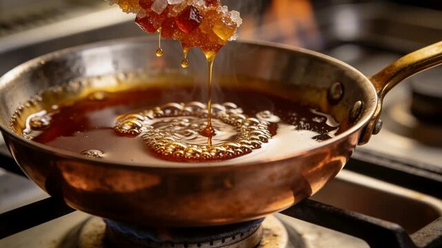 Lowering crystallized sugar stick dripping syrup into copper saucepan on gas burner, melting sugar