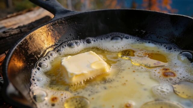 Flames heating cast-iron skillet, melting square butter into sizzling pool at campsite for cooking