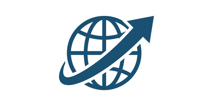 Global business growth arrow blue icon showing international market reach.