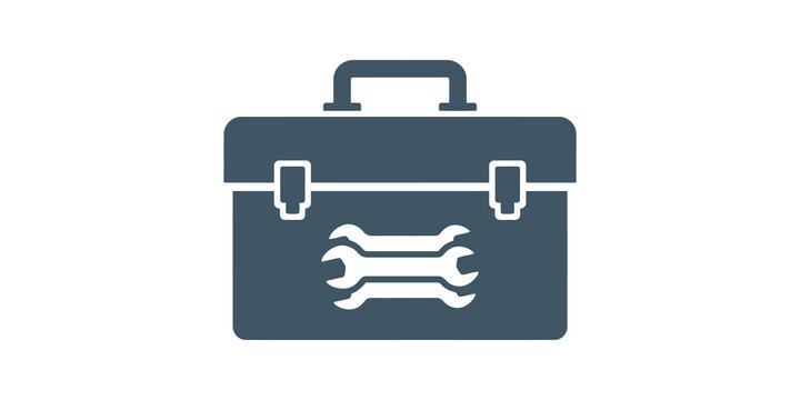 Industrial toolbox icon with metal wrenches for maintenance work projects.
