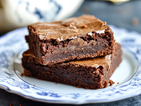 Two rich chocolate brownies stacked on a decorative blue and white plate, suggesting a homemade dessert or snack.