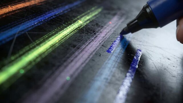 Drawing hand holding blue marker touching scratched board, laying blue strokes beside glitter lines
