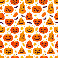 Fototapeta premium Pumpkin halloween seamless pattern with cute jack o lantern faces