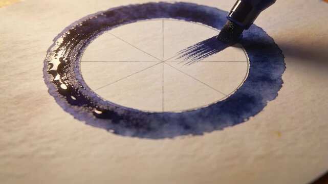 Contacting waterbrush laying blue pigment along inner edge of six-part guide at table
