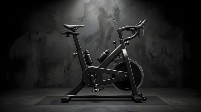 Black stationary exercise bike in a dark industrial gym studio