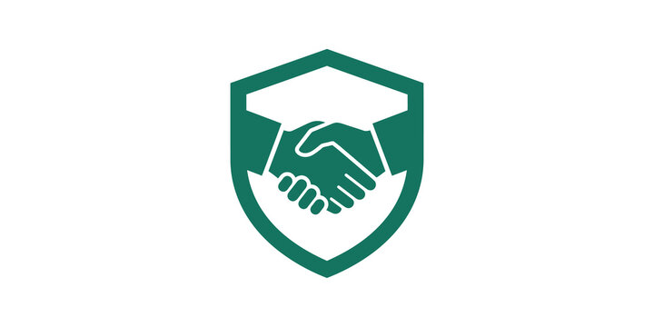 Green handshake shield icon flat design for corporate partnership security.