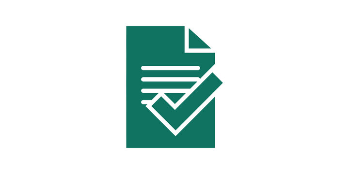 Green paper sheet with checkmark flat icon for verified document validation.