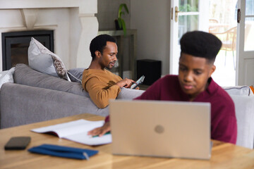 Obraz premium African American father and adolescent son, sitting in living room, son typing on silver laptop