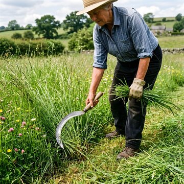 Farmer harvesting tall grass with curved sickle in rural meadow during daylight