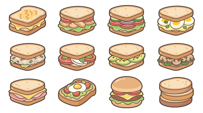 A vibrant collection of twelve delicious and diverse sandwich illustrations, showcasing a variety of fillings and bread types, presented in a clean, isometric grid layout.