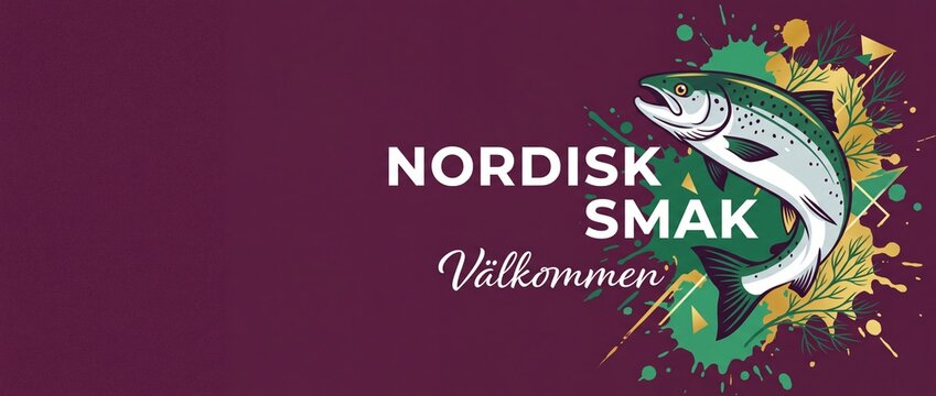 Nordic salmon fish illustration banner for scandinavian seafood restaurant menu background with swedish text nordisk smak welcome graphic design layout for fresh catch fish market packaging header