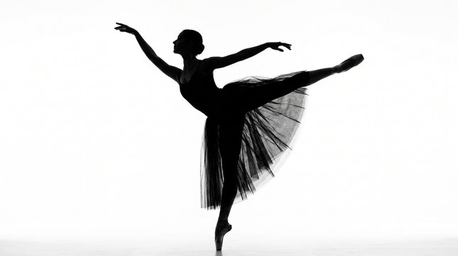 Silhouette of a graceful ballerina dancing in a tutu against white