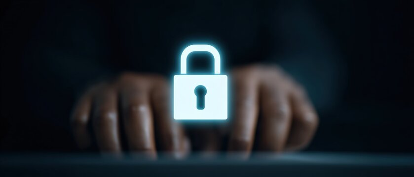 Close up of hands actively typing on a computer keyboard featuring a digital lock icon representing the importance of cybersecurity and data protection within a modern technological setting