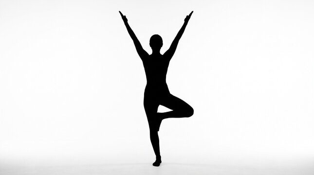 Silhouette of a person doing yoga tree pose on a white background