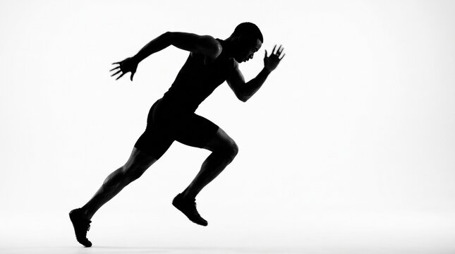 Silhouette of athletic man running fast in dynamic sprinting pose