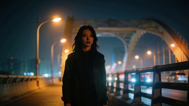 Walking woman in dark jacket starting near lamp, approaching camera on bridge at night