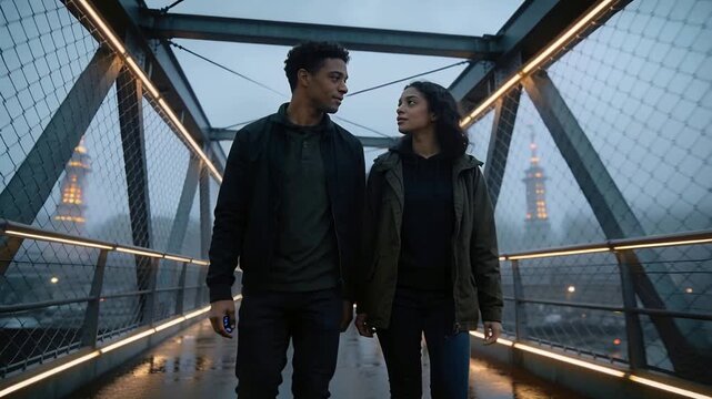 Walking couple wearing dark coat olive parka approaching lens on steel bridge talking