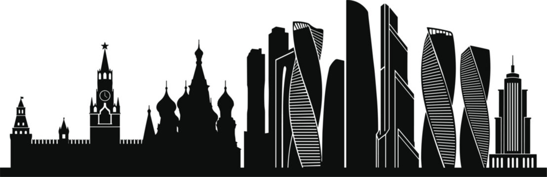 Moscow city skyline featuring historical kremlin towers and modern skyscrapers with twisted architectural designs