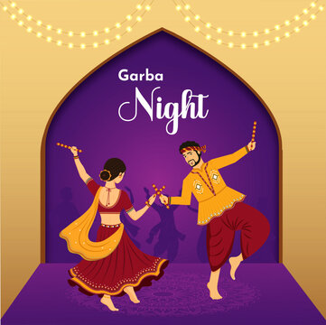 Happy Navratri Indian festival celebration background design with couple dancing with dandiya, vector illustration.