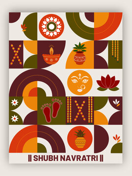 Abstract trendy flat geometric colorful background with traditional celebration icons vector illustration of Happy Navratri.