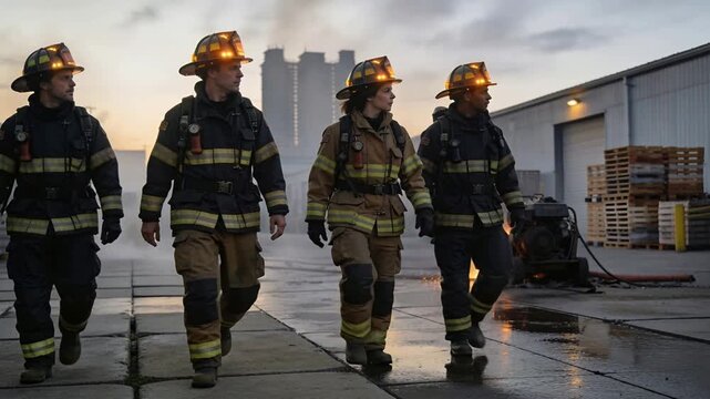 Walking crew in turnout gear prompted by generator fire, crossing warehouse yard with helmets SCBA