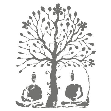 Sacred bodhi tree vector silhouette with meditating buddha statues grunge linocut stamp