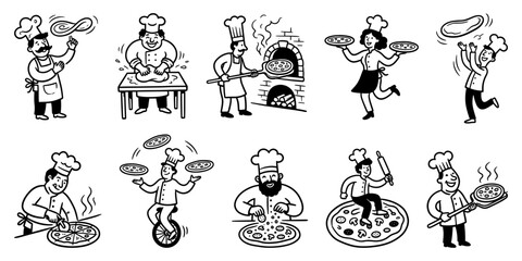 Fototapeta premium Italian pizza chef and pizzaiolo characters doodle set, kneading dough, spinning pizza base, wood fired stone oven, juggling pizzas, and cutting slices vector