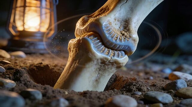 Soil shifting, fossil jaw rising and articulating from shallow hole with lantern pebbles dust