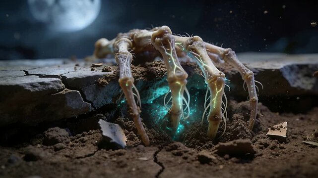 Glowing cyan energy appearing beneath cracked slab, skeletal hand pushing up through soil at night