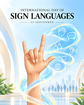 Hand performing sign language gesture with glowing communication icons for international day of sign languages deaf culture inclusion