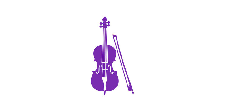 Cello with bow flat purple icon for music education and creative projects.