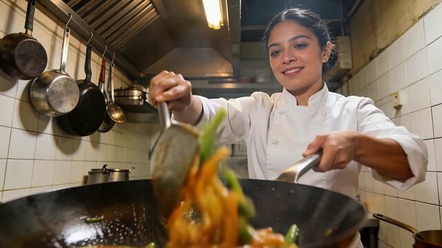 Gripping wok, chef in white coat tossing vegetables with spatula and ladle at stovetop for glazing