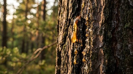 Fototapeta premium Golden pine resin dripping down rough textured tree bark in forest