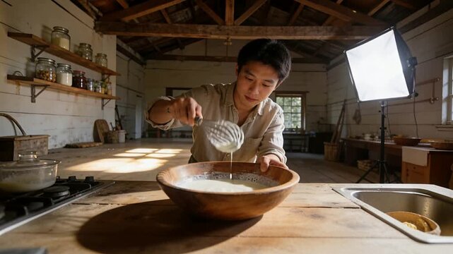 Lifting metal whisk home cook in buttonup shirt preparing batter in rustic kitchen with wood bowl