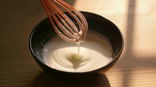 Entering top-left, hand holding orange whisk stirring liquid in black bowl in kitchen, aerating