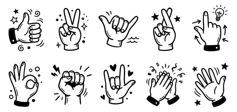 Human hand gestures and body language doodle set, thumbs up, victory peace sign, shaka, crossed fingers for luck, pointing finger idea, okay, fist power, and clapping applause vector