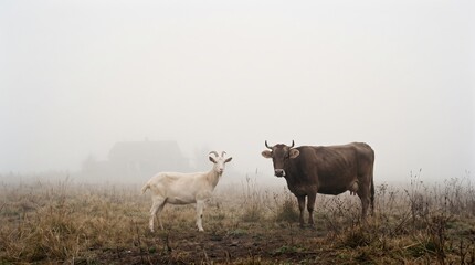 Fototapeta premium White goat and brown cow standing together in a misty rural field, peaceful countryside farm landscape with foggy atmosphere and livestock grazing in natural pasture
