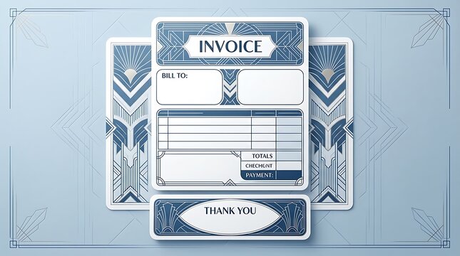 Art deco business invoice template with blue geometric patterns