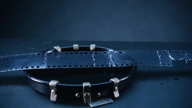 Collecting droplets, perforated 35mm film strip sagging over belt ring on tabletop