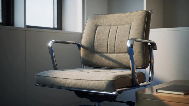 Shifting gray chair tilting, rising as daylight shifting from left window, lever visible, notebook