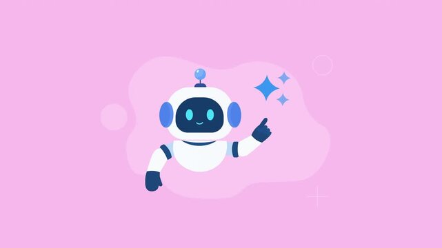 Animated video showing a friendly artificial intelligence robot surrounded by sparkling effects, representing smart technology, innovation, creativity, and digital assistance on a pink background.