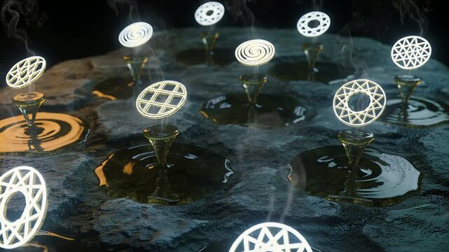 Showing glowing glyphs hovering over thick wells on dark slab, with vapor rising and thin stems